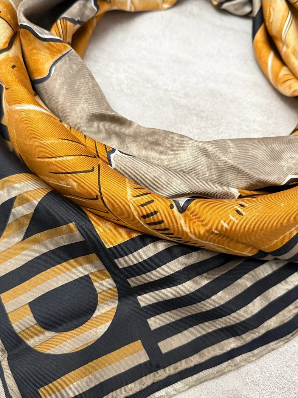 Fendi Gold and Gray Architectural Motif Silk Scarf